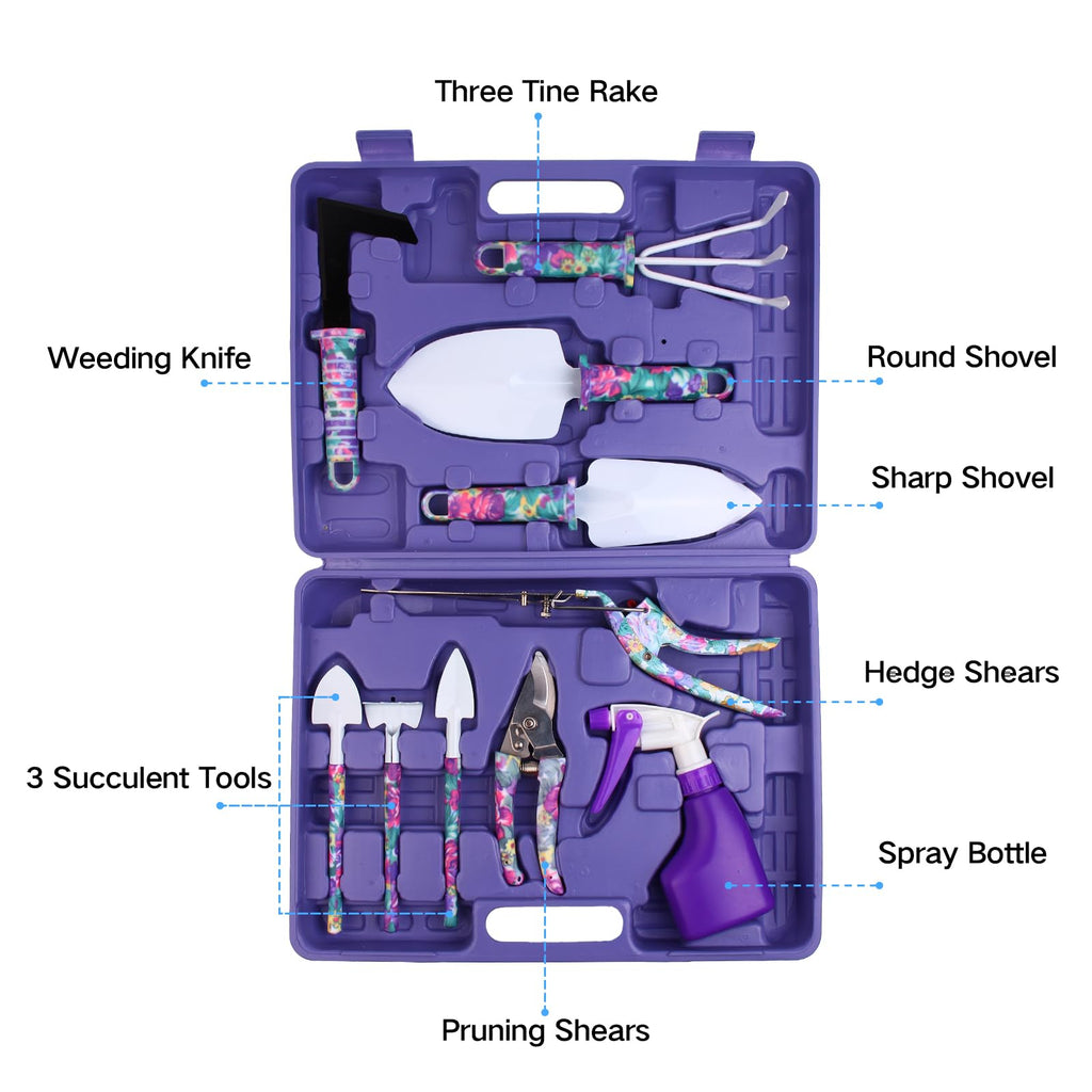 Garden Tools Set, 10 Pieces Gardening Tools with Floral Print, Ergonomic Handle Trowel Rake Weeder Pruner Shears
