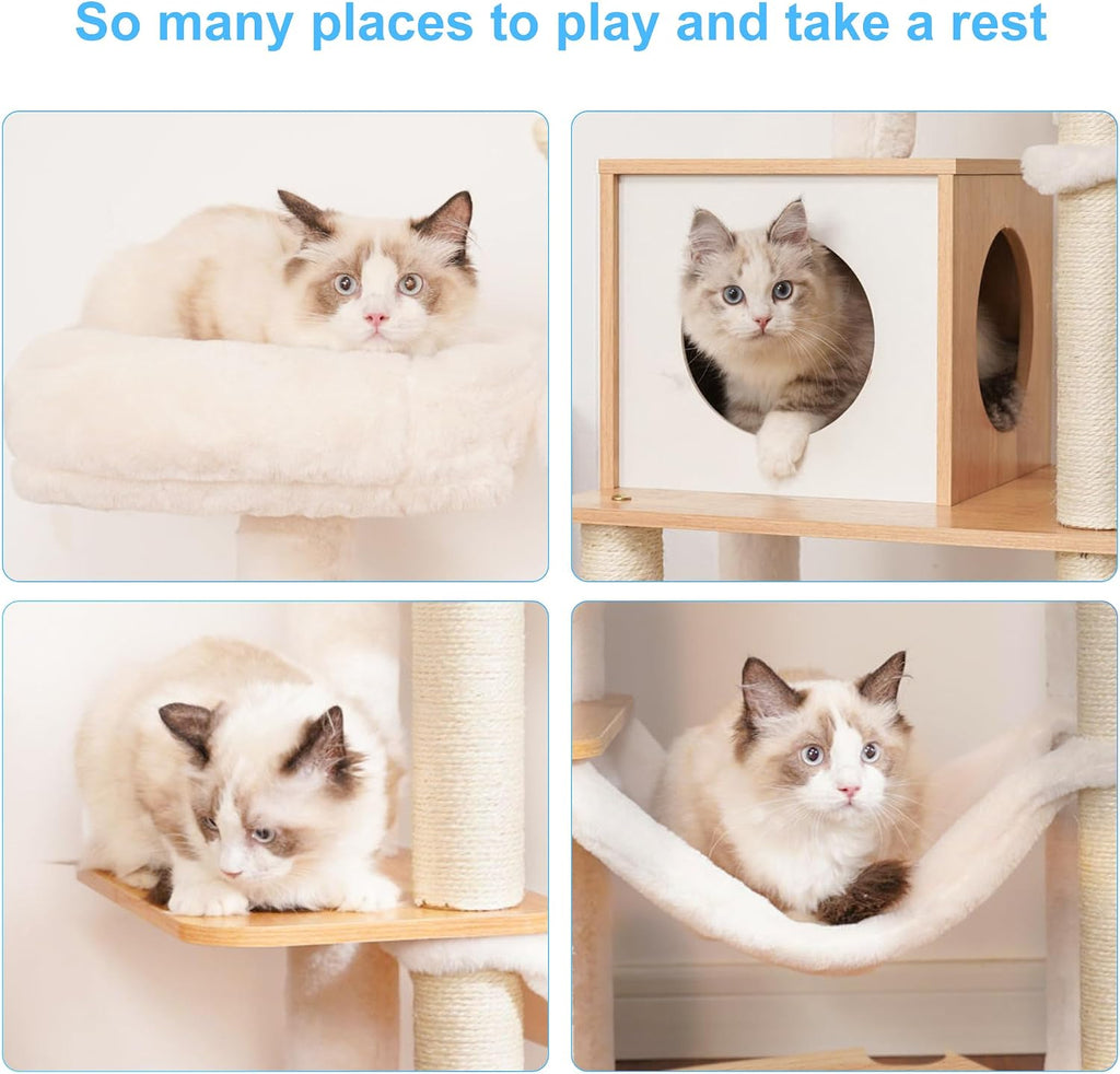 Wooden Cat Tree Tower with Hammock for Indoor Cats