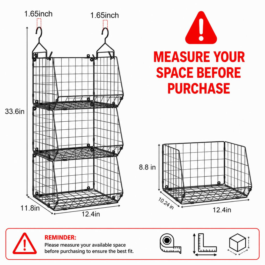 3-Tier Hanging Closet Organizer, Laundry Room Organization | Space Saving Shelves with 1.65" Hook & 5 S-Hooks |