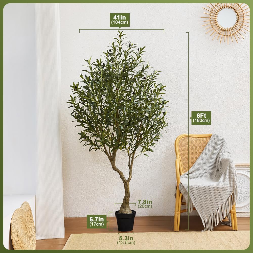 Artificial Olive Tree 6FT Fake Plants Indoor - UV Resistant Faux Olive Tree in Black Pot, Outdoor Tall Faux Silk Tree