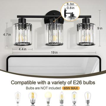 Modern Black Crystal Bathroom Light Fixtures,3-Light | Bathroom Lighting Fixtures over Mirror,Vanity Lights for