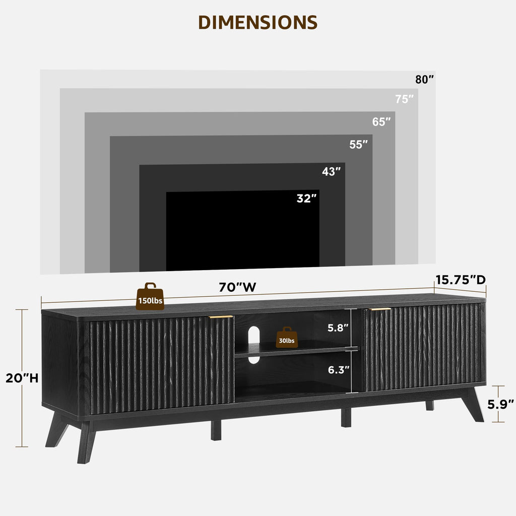 70" Mid-Century Modern Fluted TV Stand, 2 Soft-Close Doors, Black Oak