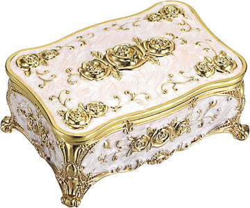 Metal Jewelry Box with Rose Pattern - Vintage Gold Trinket Organizer