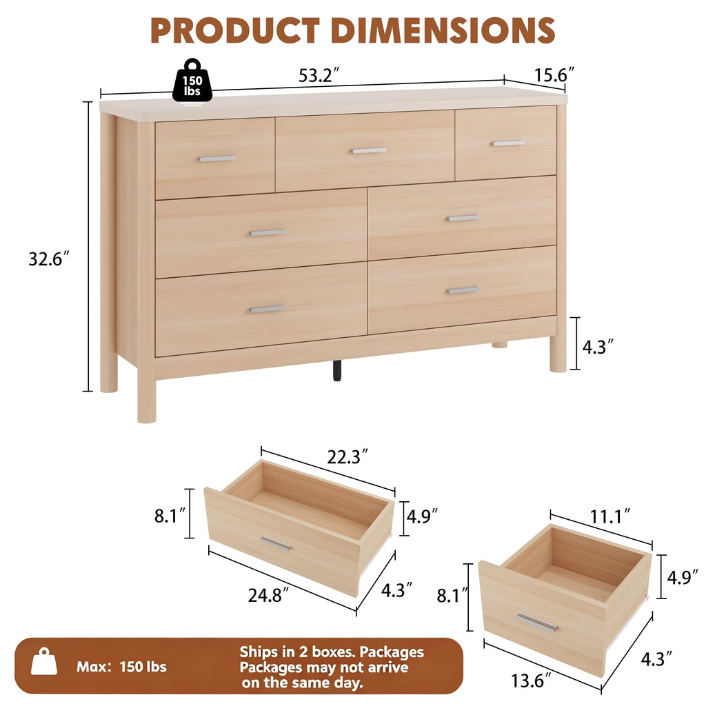 7 Drawer Dresser, Wooden Storage Chest of Drawers, Beige & Oak
