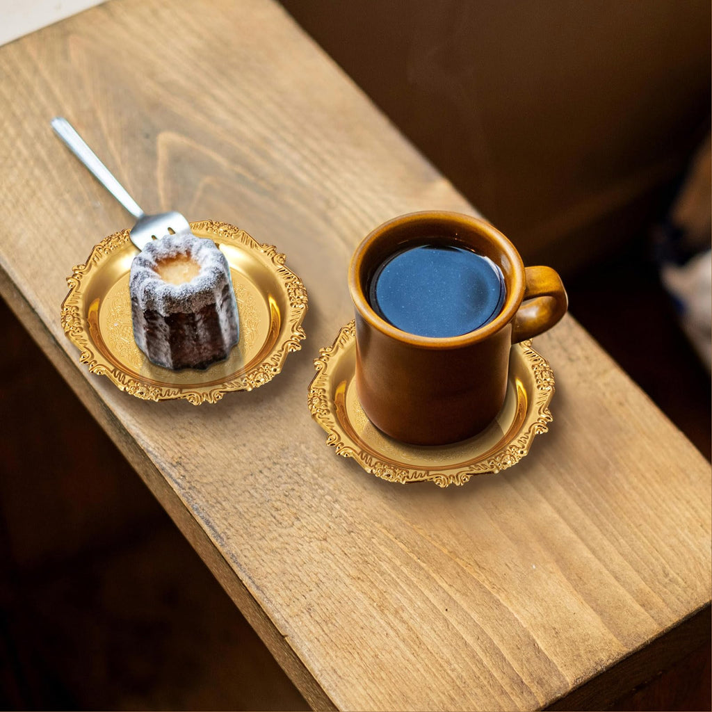 6 pcs Gold Drink Coaster with Holder Vintage Coasters Round Coasters Metal Cup Mats for Wedding Coffee Table Glass