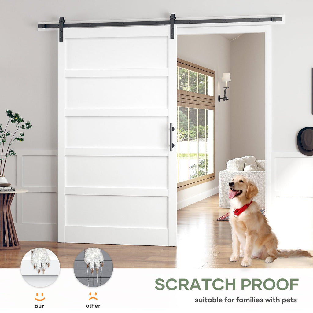 54x96 Inch White Sliding Barn Door Slab with 9ft Hardware Kit Included, 5-Panel, MDF Wood Panel Covered with