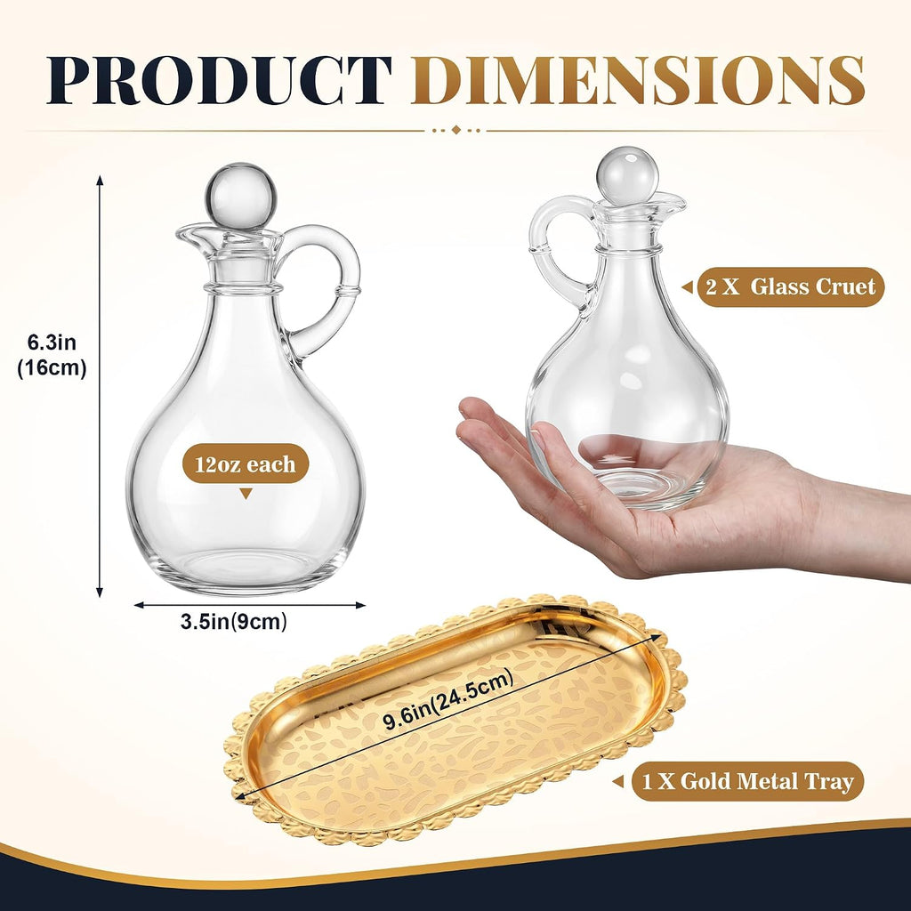 Catholic Church Oil & Vinegar Bottle Dispensers Glass Cruet Set with Tray - Set of 2
