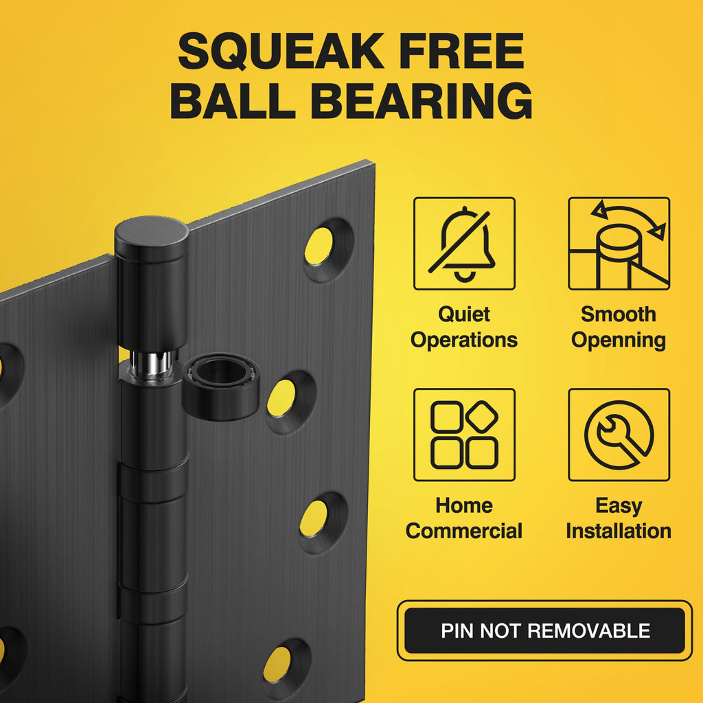 Ball Bearing Door Hinges, 4 x 4 Inches, Matte Black, 6 Pack