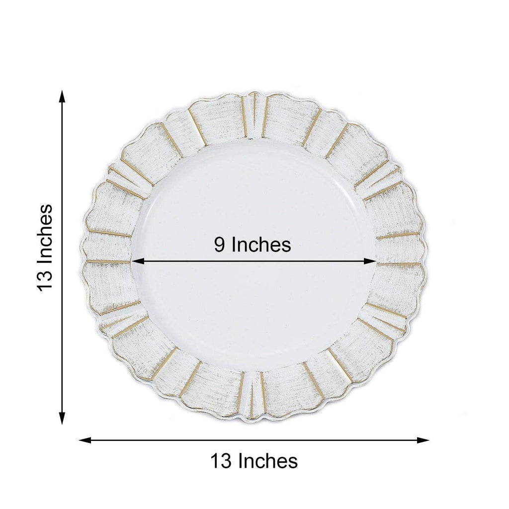 White Gold Round Scalloped Rim Design Plastic Dinner Charger Plates 13-Inch, 6 pcs | Serving Dinnerware Set for