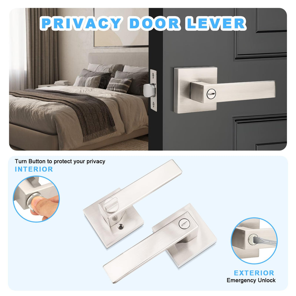 10 Pack Brushed Nickel Door Handles Privacy Door Levers, Heavy Duty Bed and Bath Door Locks Interior Keyless