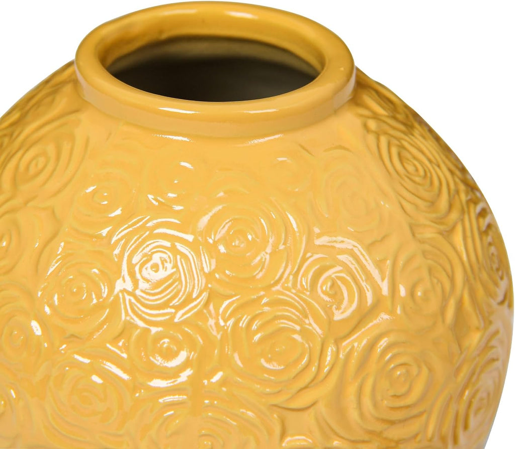 Small Ceramic Ginger Jar with Lid, 6 Inch Yellow Ginger Jar Vase Decor, Mini Porcelain Vase with Embossed Rose