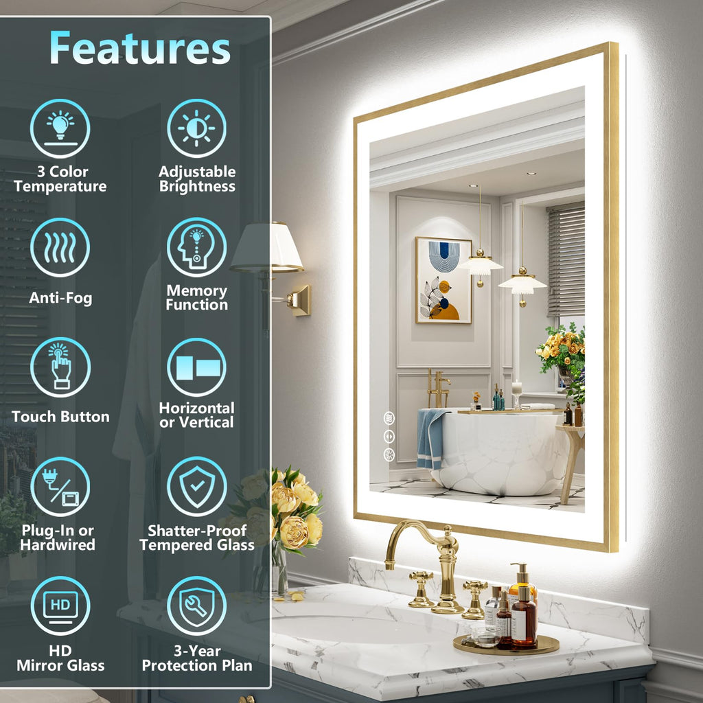 32x36 Gold LED Bathroom Mirror with Lights, Lighted Vanity Mirror
