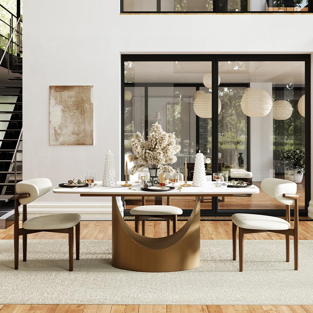 63" Modern Dining Table for 4-6, Hobart Rectangle Dining Table, Matte White Sintered Stone Dining Tabletop with Bronze Carbon Steel Pedestal Table (Table Only)