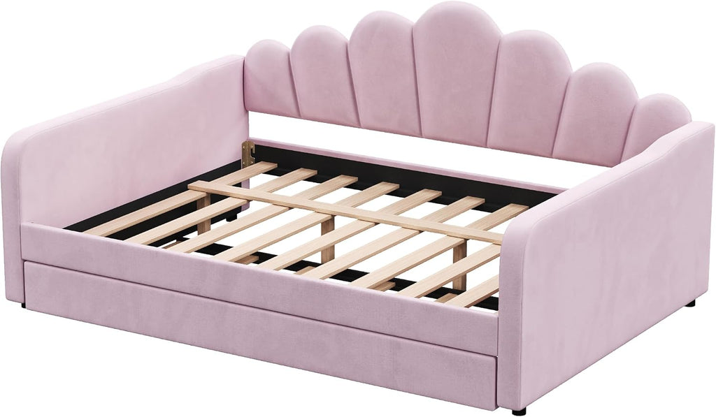 Queen Size Upholstered Daybed with Trundle, Velvet Corner Bed Frame with Shell Shaped Headboard for Kids Teens