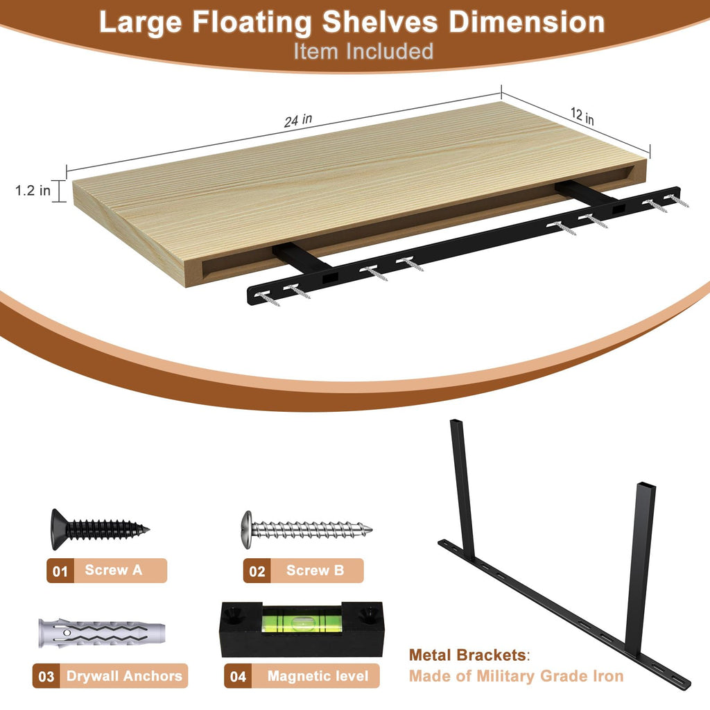 Large Floating Shelves for Wall 24" W x 12" D x 1.2" H Deep Floating Shelves 1 Pack Floating Shelf Large Storage