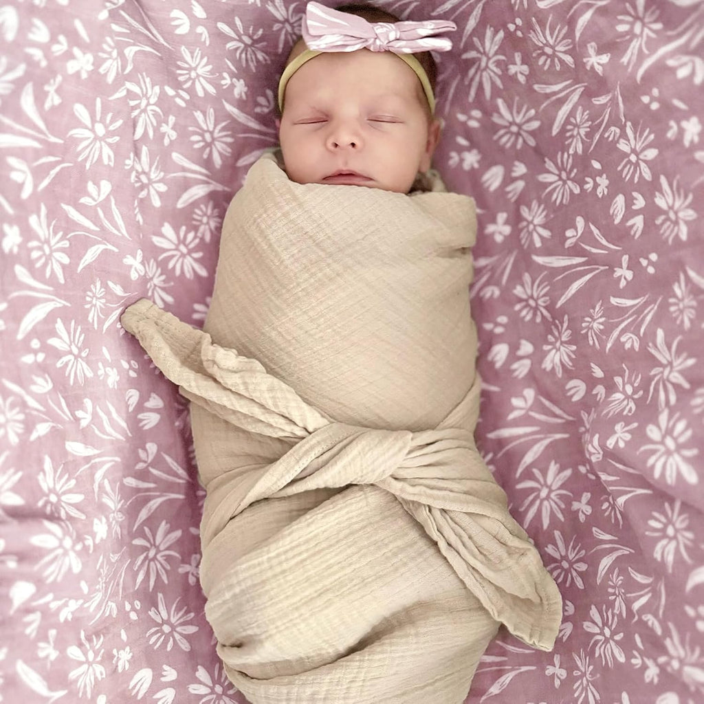 Baby Swaddle Blanket and Bow Set, Mauve Floral Muslin Swaddle Set with Matching Headband Bow, Infant