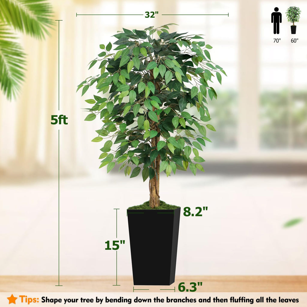 5ft Ficus Artificial Tree with 3 Natural Curved Trunks, 60" Tall Lush Faux Tree Decor Indoor, Green Lifelike Fake
