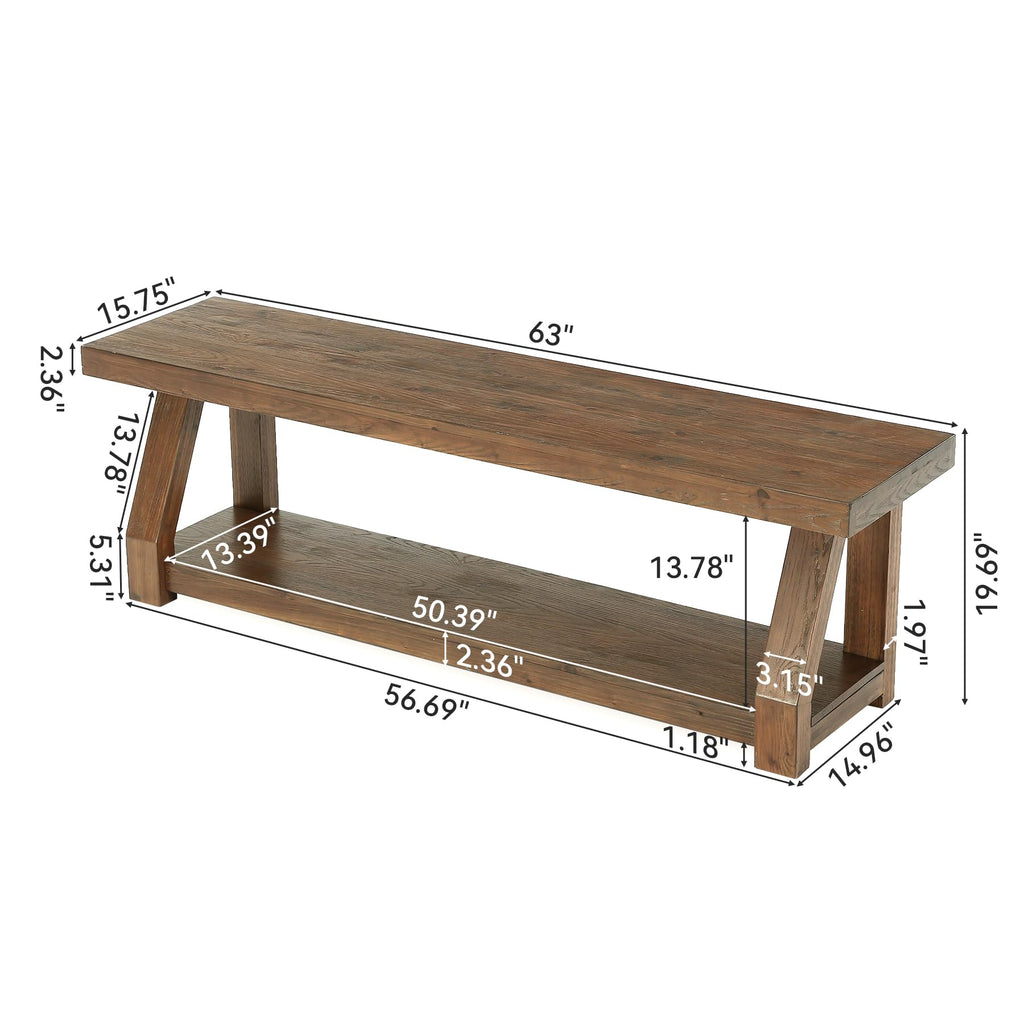 63" Solid Wood TV Stand, 2-Tier Media Console with Open Storage, Farmhouse Entertainment Center, Easy Assembly