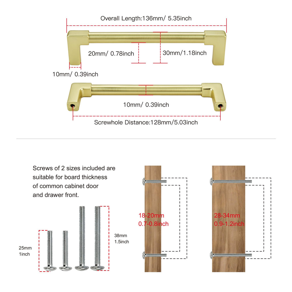 10 Pack Classic Solid Cabinet Handles-5"/128mm Screw Spacing Brushed Gold Furniture Hardware Handles Dresser Kitchen