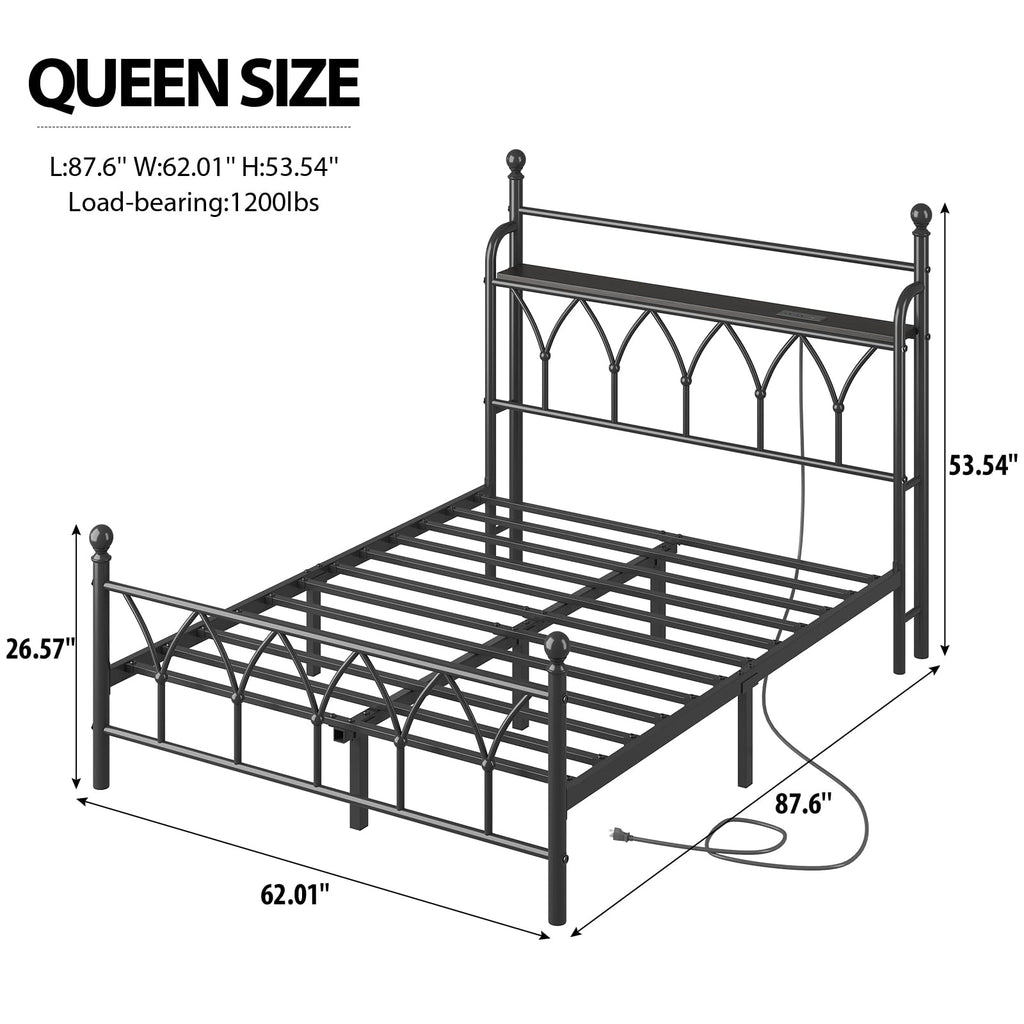 Queen Size Metal Bed Frame, Classic Victorian Iron-Art Headboard, Black