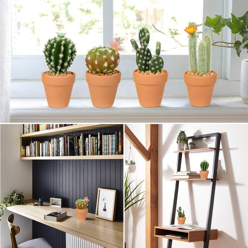 Mini Artificial Cactus Plants in Terracotta Pots 4 Pcs Potted Faux Succulents in Pots Fake Potted Plants Cactus Decor