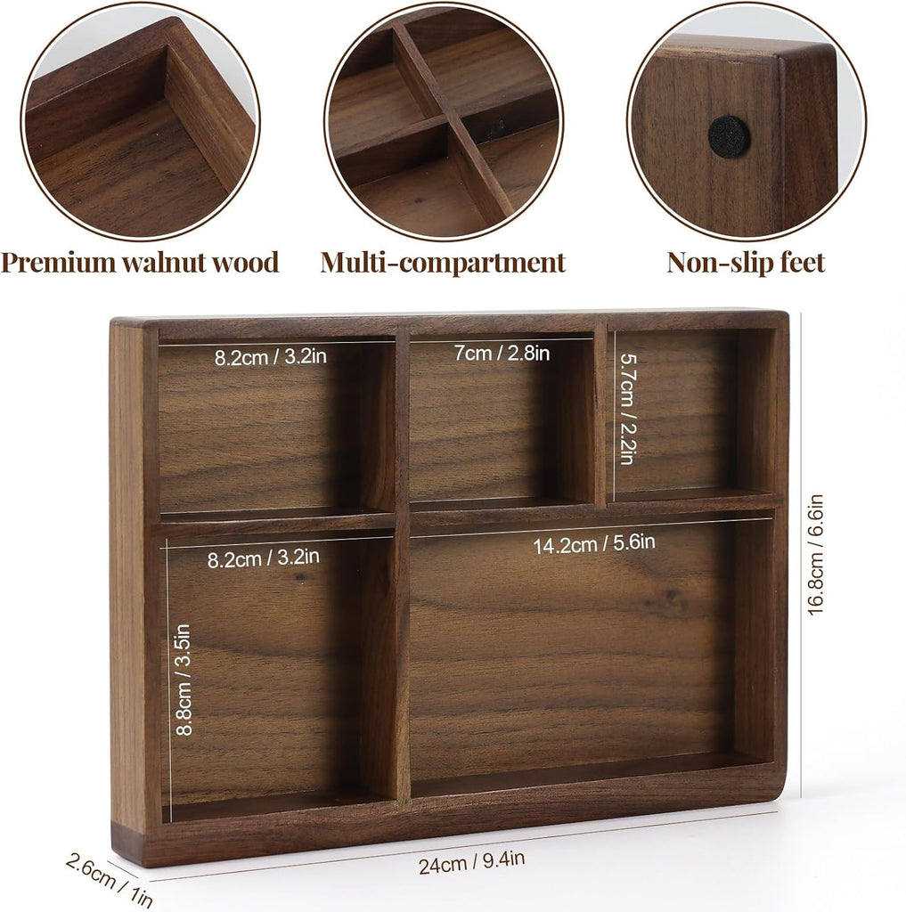 5-Slot Walnut Valet Tray, Wooden Nightstand & Desk Organizer