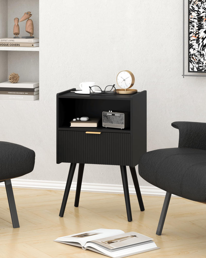 Black Nightstand, Modern Bedside Table with Storage Drawer and Open Wood Shelf, and Small Spaces, Accent Night Stand