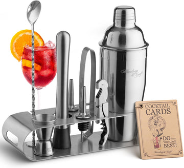 Cocktail Shaker Set: Complete Bartender Kit with Metal Stand and Bar Cart Accessories | Includes Exclusive Recipe - Set of 10
