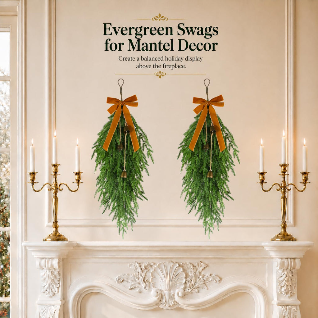 2 Pcs 27" Christmas Teardrop Swag/Artificial Norfolk Pine Teardrop Wreath .Yellow Velvet Bow & 6 Vintage Brass Bells