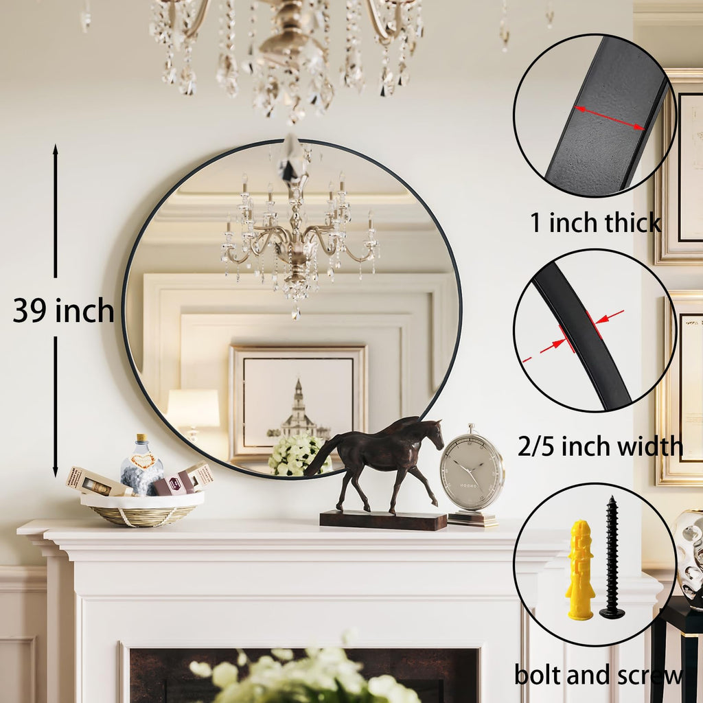 39 inch Black Round Mirror, Large Wall Mounted Circle Mirror Metal Frame, Entry, Dining Room, & Living Room