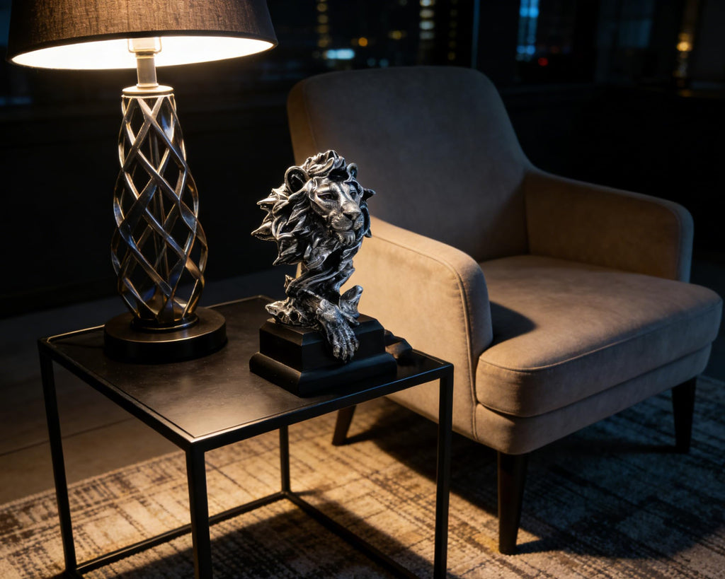 Lion Bust Sculpture with Matte Black Base 9 inch Metallic Silver, Abstract Design for Shelf Desk Office Decor, Gift
