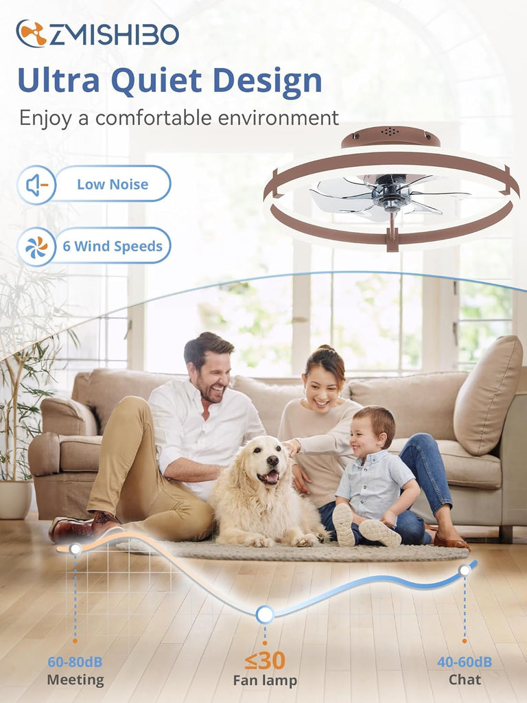 Ceiling Fans with Lights and Remote, 19.7'' Low Profile Ceiling Fan, 3000-6000K Dimmable Modern Flush Mount LED Fan Light, 6 Wind Speeds, Brown Fandelier Ceiling Fans for Bedroom A101-B0F1CCS35J