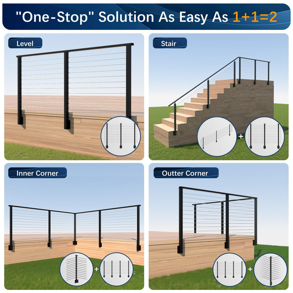 3 Pack One-Stop Side Mount Stair Cable Railing Post Kits 44" for 36"/42" Railing System, Left Side Stair Post Kit