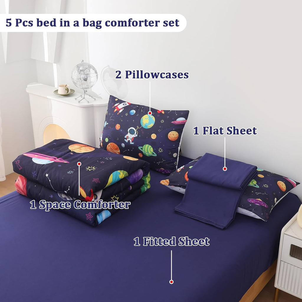 Boys Full Bedding Set Space Bedding - 5 Piece Comforter Set Full, Rocket and Planet Galaxy Comforter for All-Season