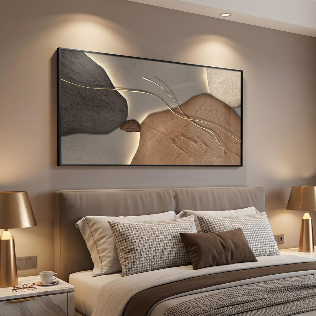 Horizontal Framed Abstract Brown Tan Wall Art, 56x28 Inch