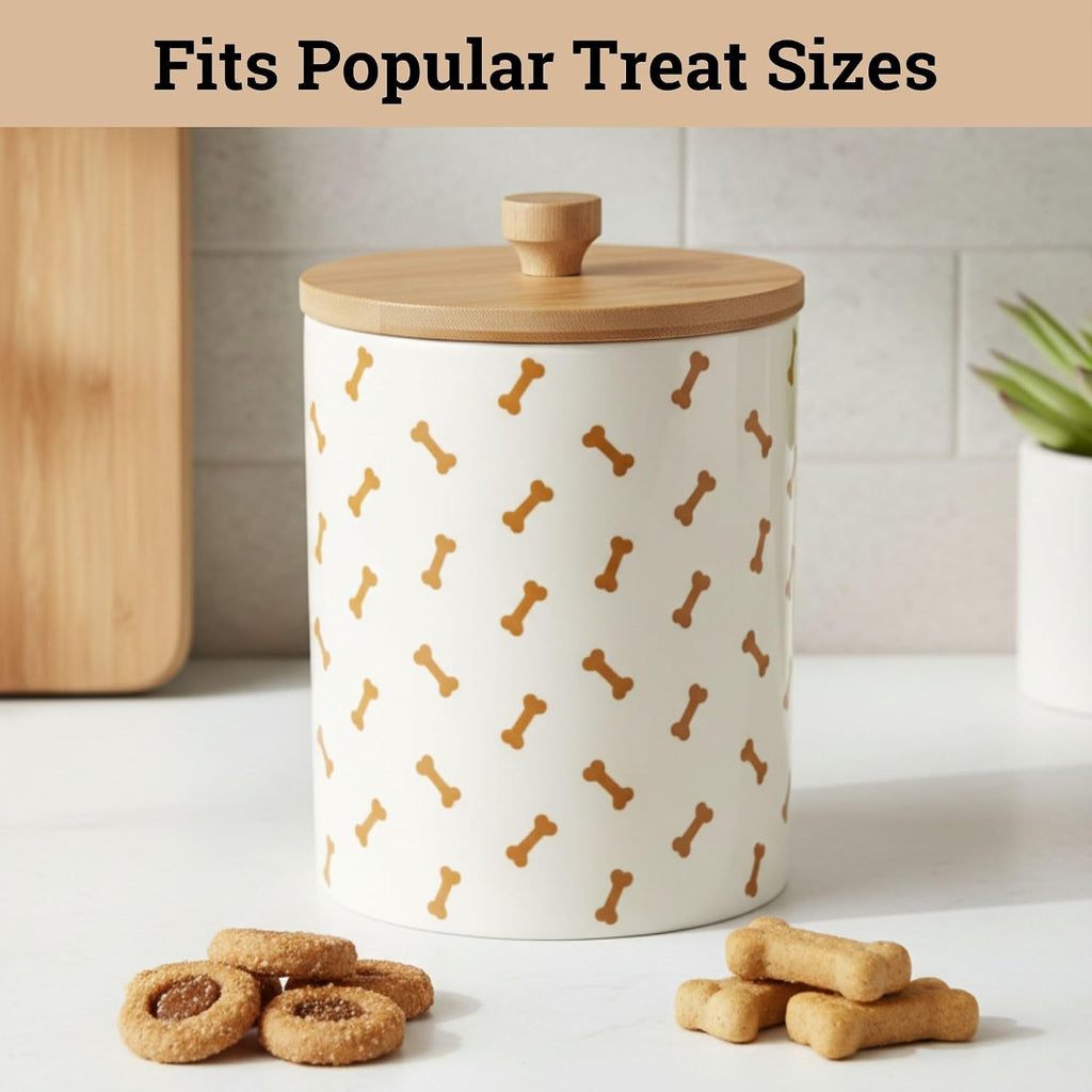 Ceramic Dog Treat Container Airtight with Bamboo Lid, 5"W x 6.4"H, 4 Cups