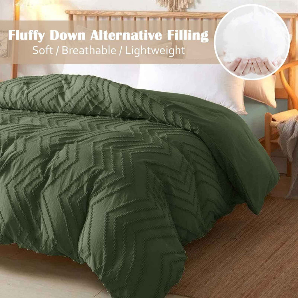 King Size Comforter Set Dark Green Tufted Boho Soft Shabby Chic Reversible Down Alternative Microfiber Bedding Set