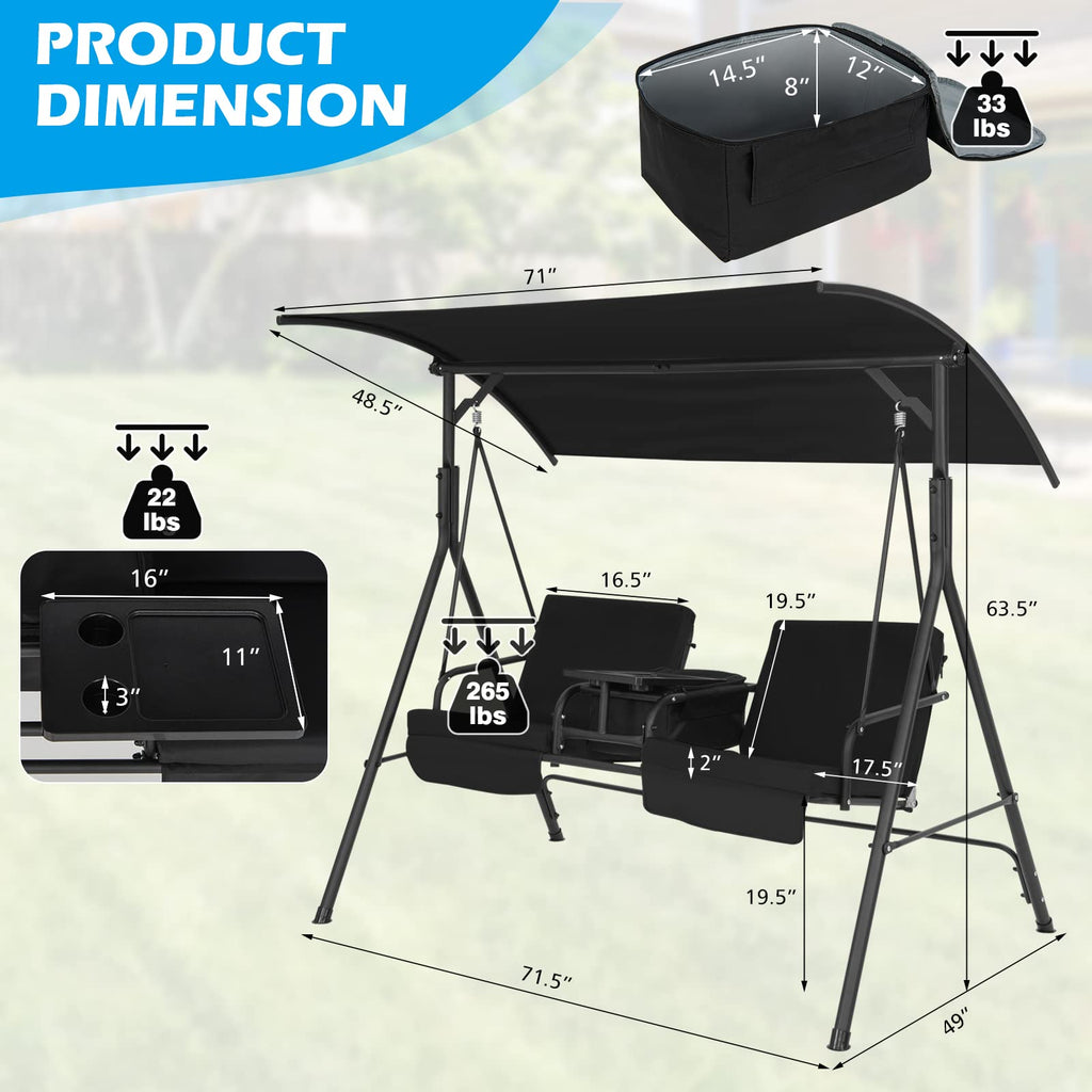 2 Person Porch Swing with Cooler Bag, Black