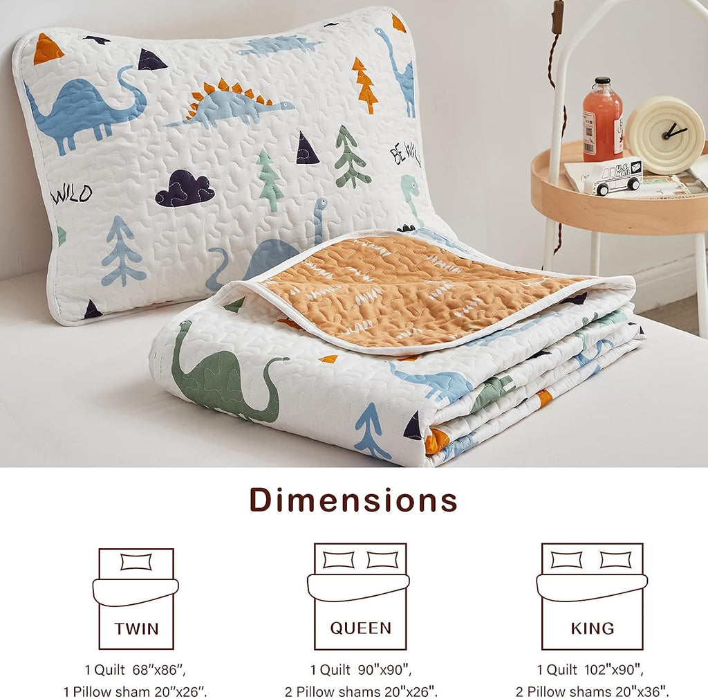 2-Piece Cotton Quilt Set Twin, Cute Dinosaur Reversible Design for Kids Boys Girls, Breathable Skin-friendly Quilt