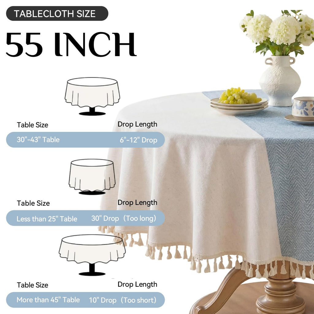 Outdoor Linen Round Tablecloth with Tassel, 55 x 55 Inch