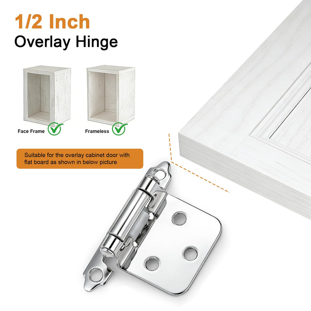 20 Pack (10 Pairs) Polished Chrome Cabinet Hinges, 1/2" Overlay (Variable) Hinges Cabinets, Decorative Self Closing