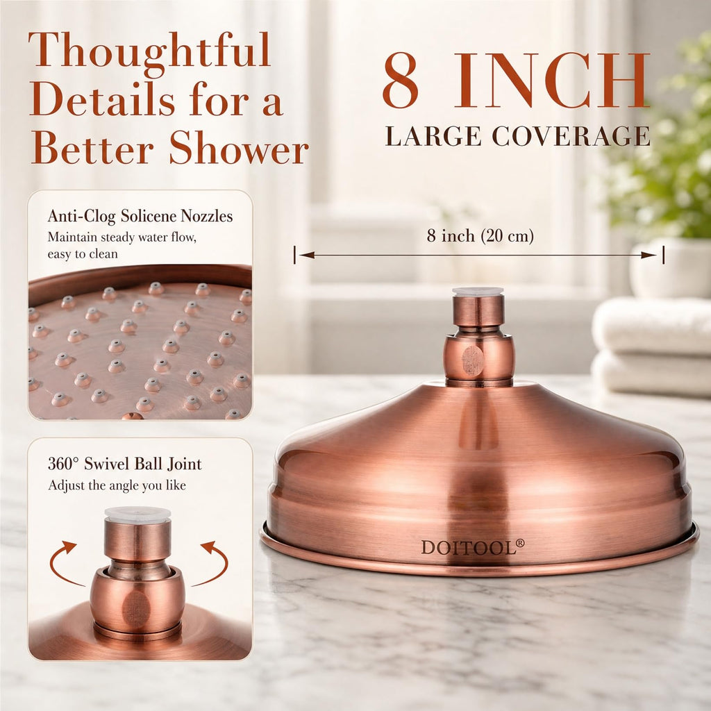 8 inch Copper Shower Head, Large Round Rainfall Showerhead Sprayer