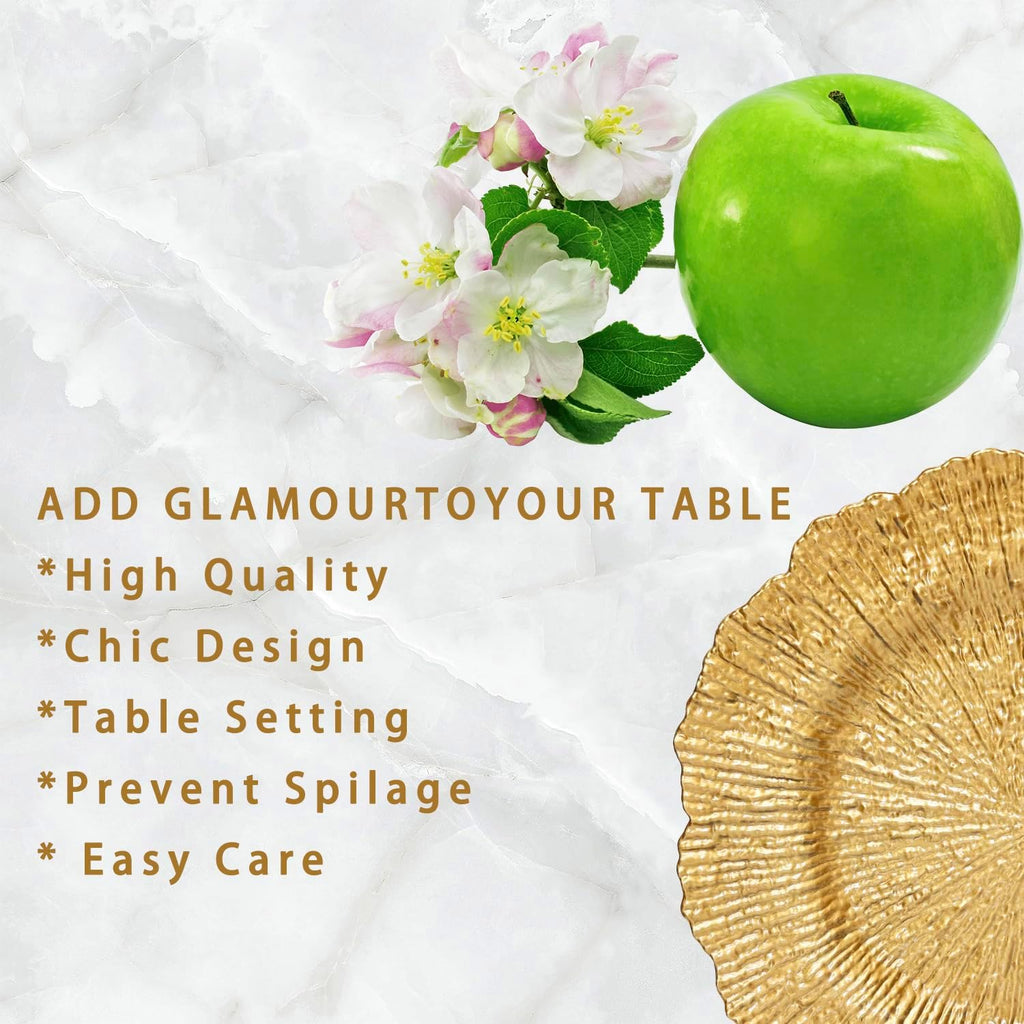 Gold Charger Plate 13 in Round Matte Reef Plate Charger Ruffled Rim Dinner Charger Hollow out Flower Holde (12) - Set of 12