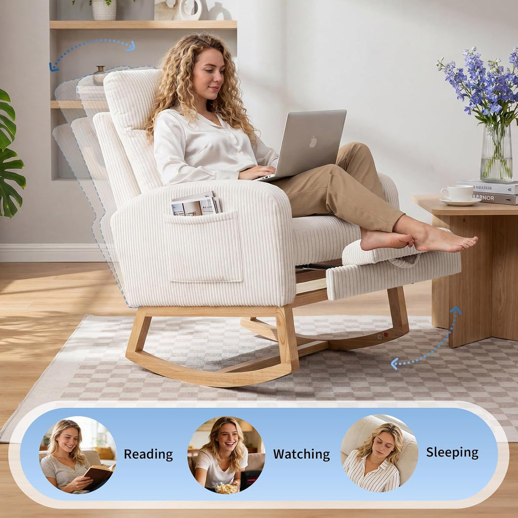 Nursery Rocking Chair, Corduroy Upholstered Rocking Chair with Adjustable Footrest, Tufted Rocker Chair with Side