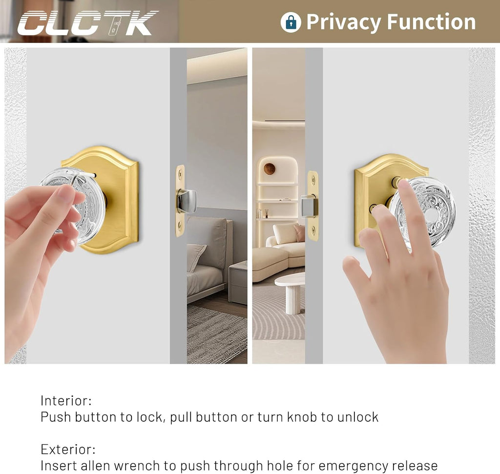 Crystal Glass Door Knob Interior with Lock, Privacy Gold Door Knob Bathroom, Satin Brass