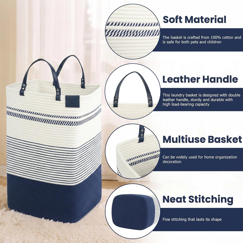 75L Woven Laundry Hamper with Long Leather Handles, Baby Laundry Basket , Tall Hampers Aesthetic, Decorative Clothes