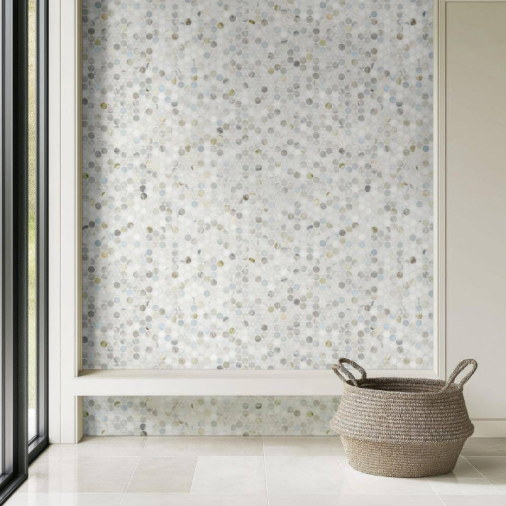 Aurora Pearl Round Marble Mosaic Tile - Polished Natural Stone Sheet Backsplash, and Shower Accent (1 Sheet)