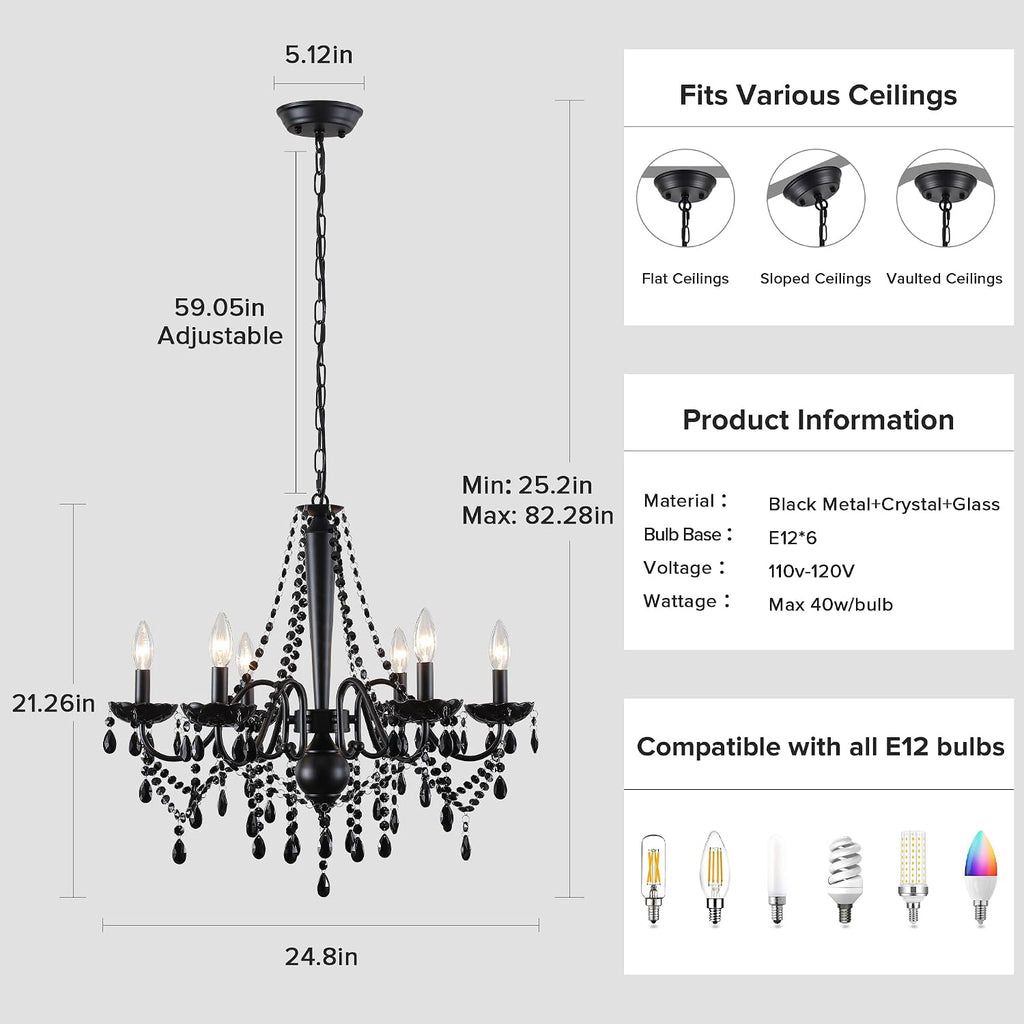 Black 6 Light Crystal Candle Chandelier - French Country Farmhouse, H21.3" x W24.8"