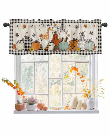 Pumpkins Gnomes Valance Curtain Thanksgiving Maple Leaves Black White Plaids Fall Decor Tier Curtain Blackout Rod