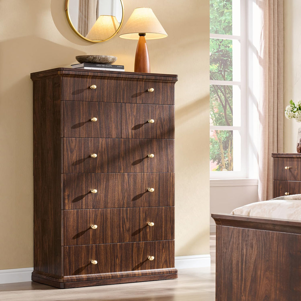 Modern 7 Drawers Dresser, 48" Tall Dressers, Dark Walnut